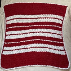 Red and White Striped Pattern Crochet Throw